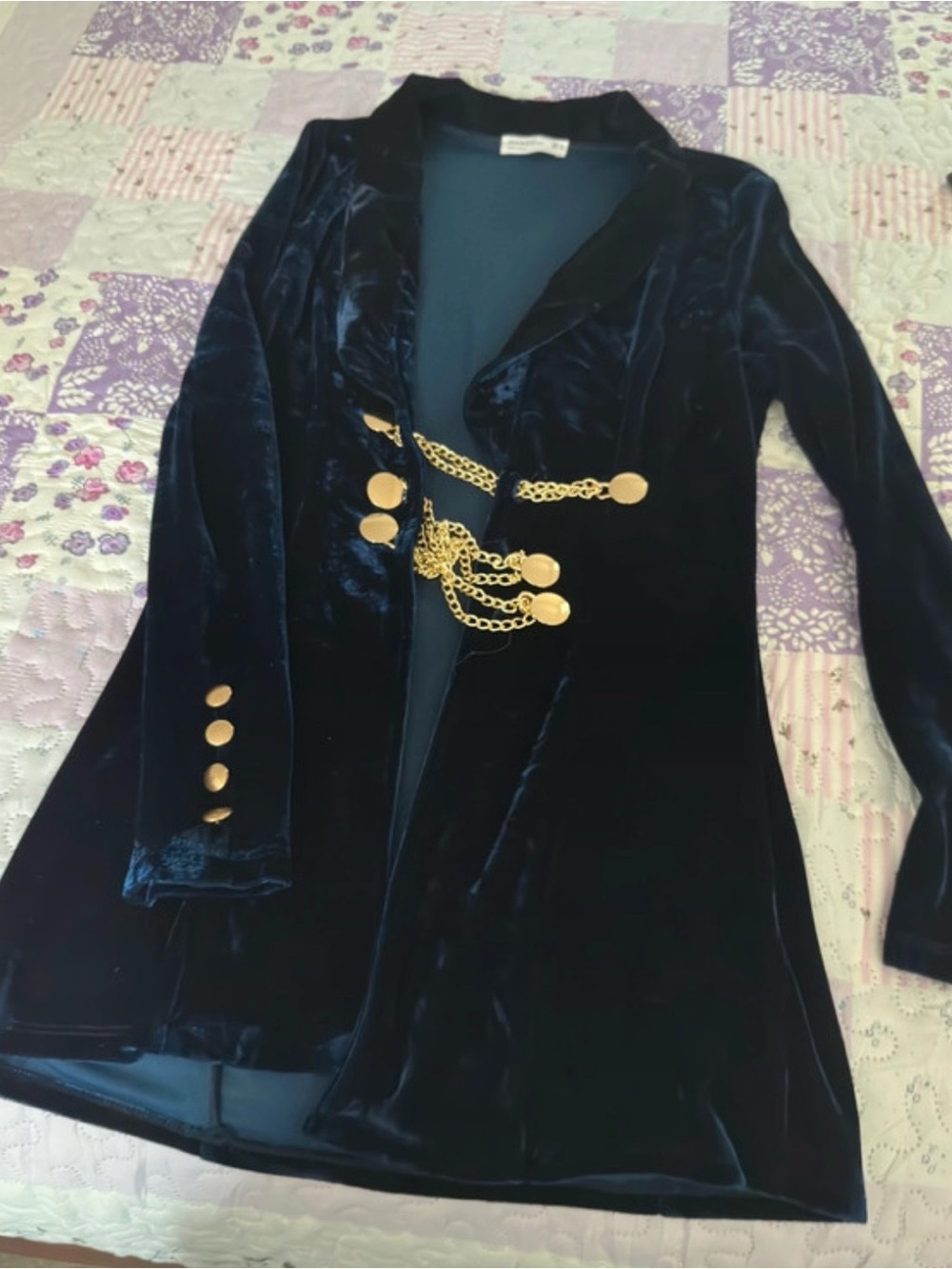 Mango Navy Velvet Long Blazer with Gold Chain Accents